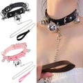 Gothic Black Leather Ring Choker Necklace with Chain with Small Bell Collar Pet Cosplay Punk Accessories Set