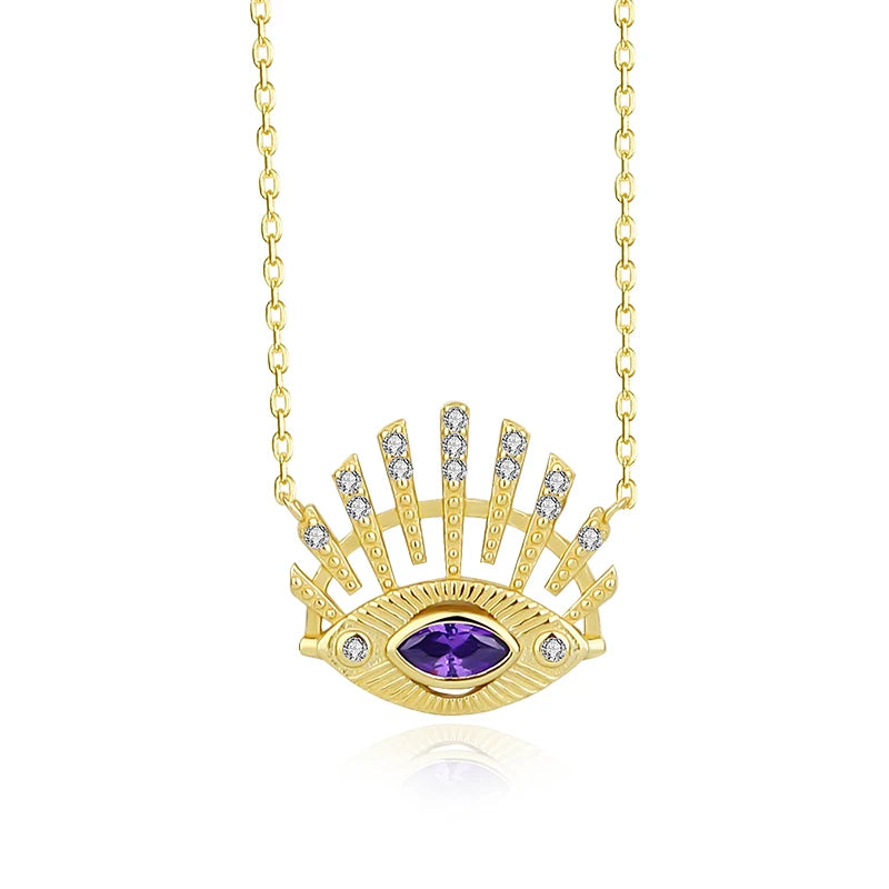 New Arrivals Dainty Turkish Eye Charm Necklace Zircon 18K Gold 925 Silver Amethyst Evil Eye Pendant Necklace for Women