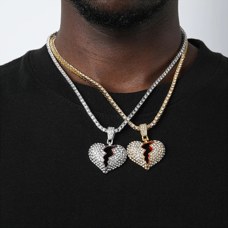 Hip Hop Ice Out Tennis Chain Cubic Zircon Rhinestones Bling Broken Heart Pendant Necklace for Men Gift