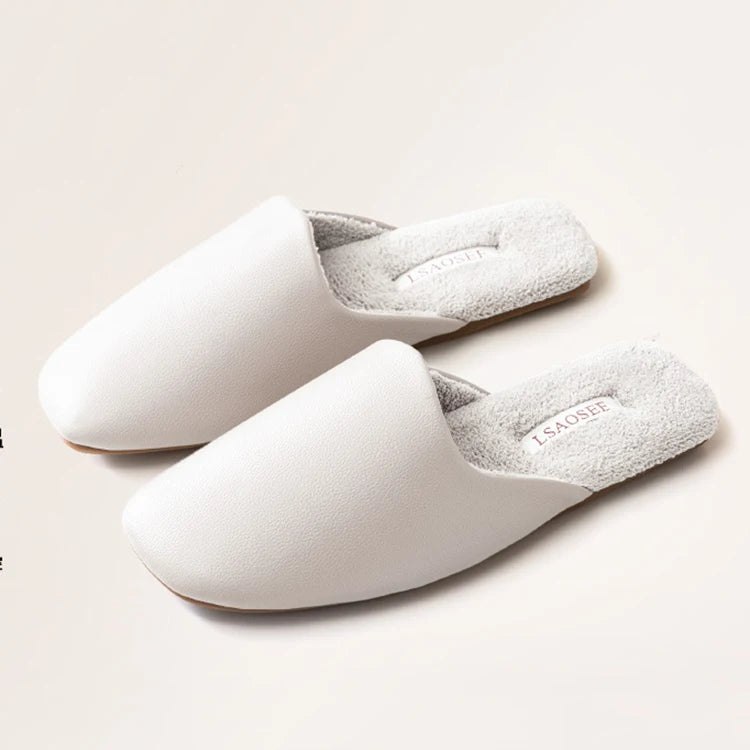 Women's Winter Comfortable Furry PU Leather Memory Foam Warm Plush Slip-On Anti-Slip Flat Indoor Outdoor Travel Slippers