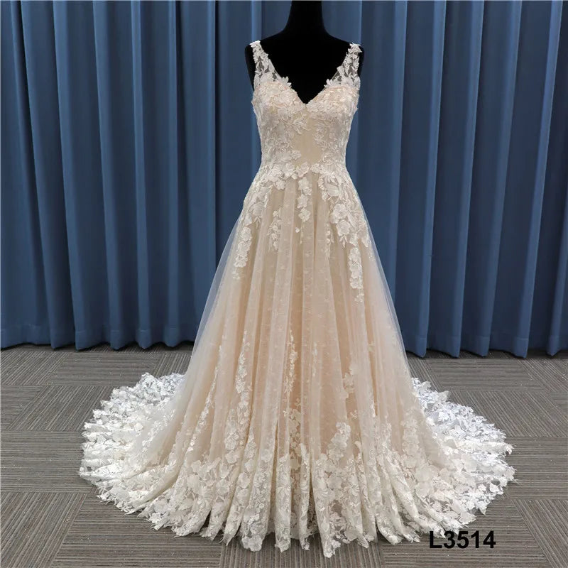 Lace Applique Open Back Ivory Wedding Dress Bridal Gown Plus Sizes