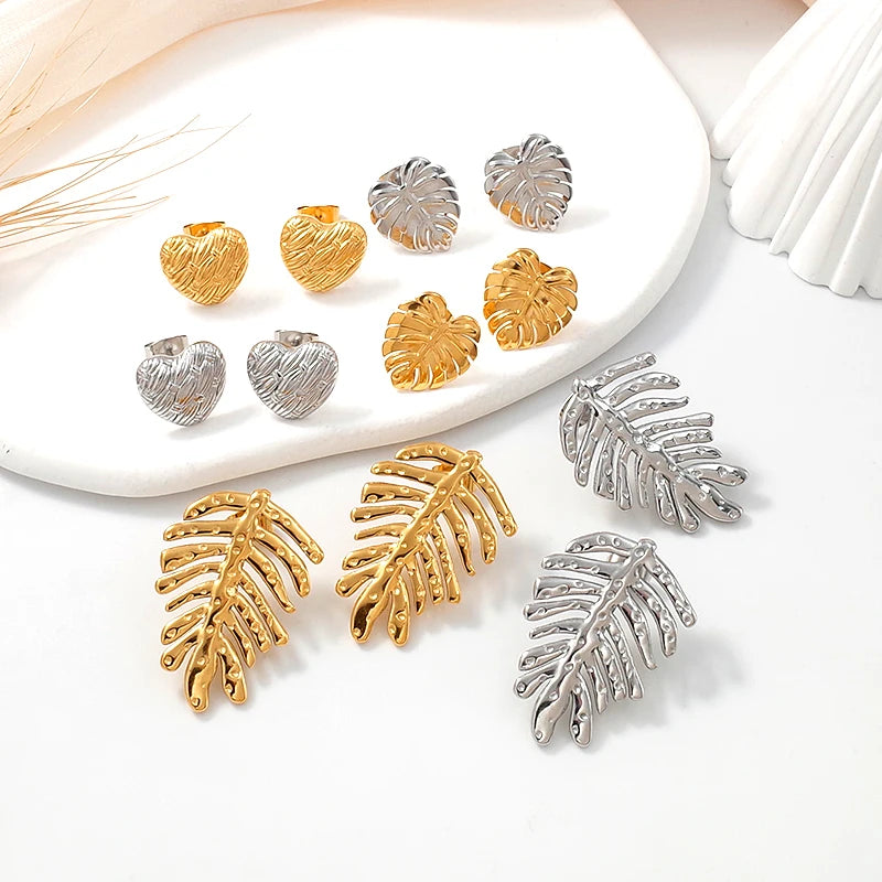 Fashion Designer's Unique 18K Gold Plated Stainless Steel Tree Leaf Heart Stud Earrings Women Wholesale Bulk Waterproof Jewelry