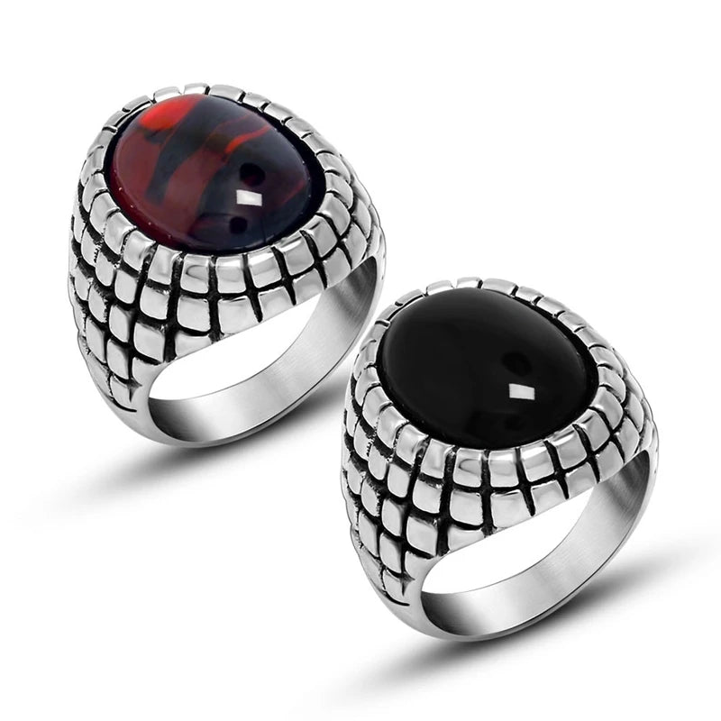 Fashion Stainless Steel Agate Ring Engagement Ring Men Black Red Natural Stone Wedding Rings