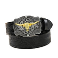 Mens Western Leather Buckle Belt Bull Head Engraved Brown Cowboy Belts With Long Horn Bull Buckles