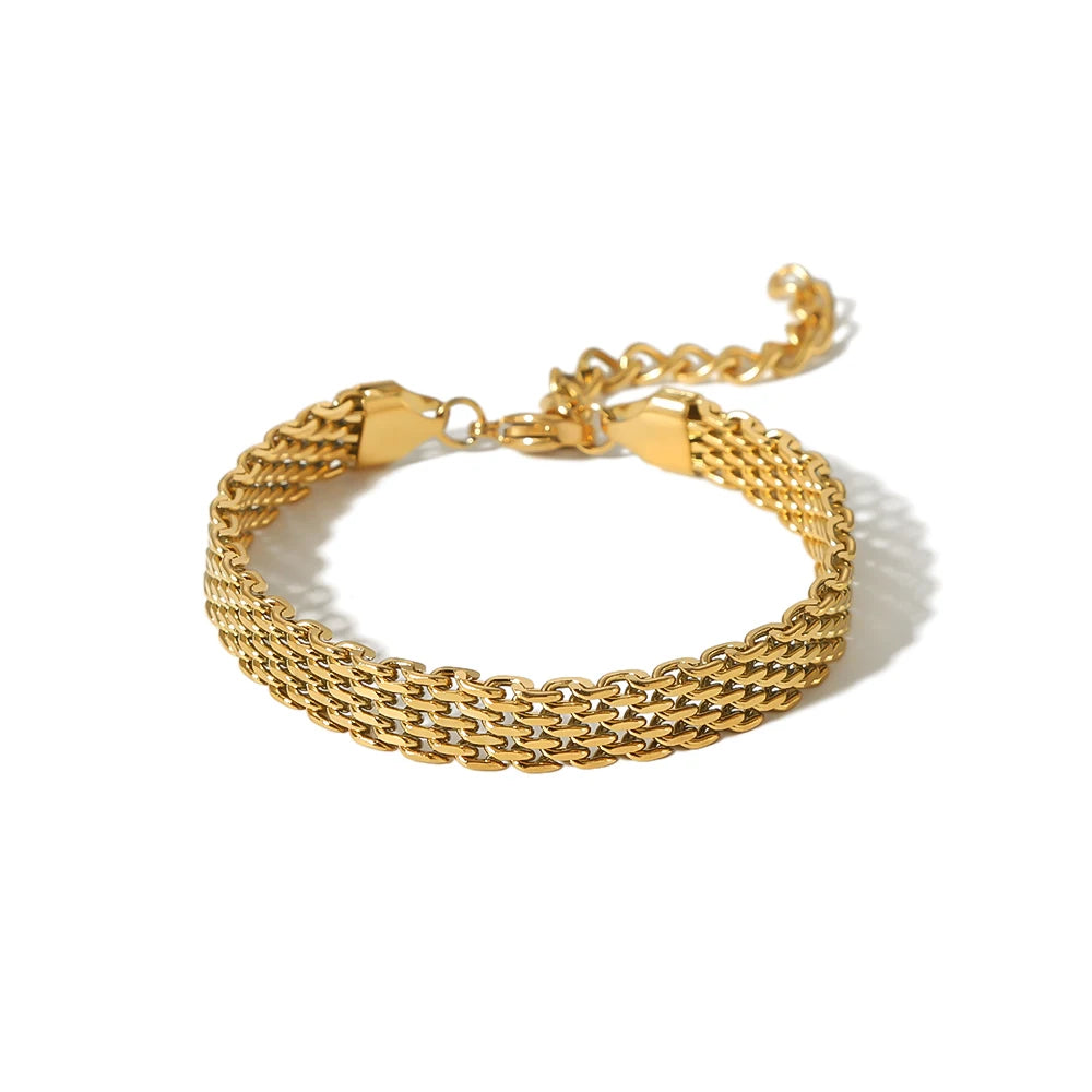European Retro Wide Mesh Bracelet Cuban Bracelet 18K Gold Plated Thick Chain Stainless Steel Bracelet Bohemian Jewelry