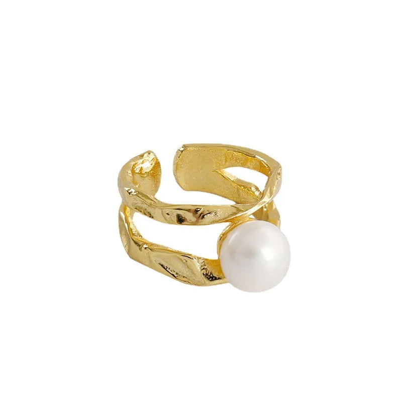 925 Sterling Silver Shell Pearl Pearls Classic Style Women's Anniversary Gift Rhodium Gold Plated Hollow Open Ring
