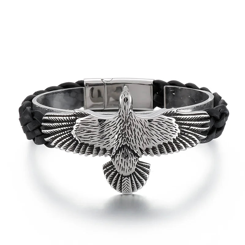 KALEN 220mm Punk Stainless Steel Mens Cowhide Leather Hawk Bracelets
