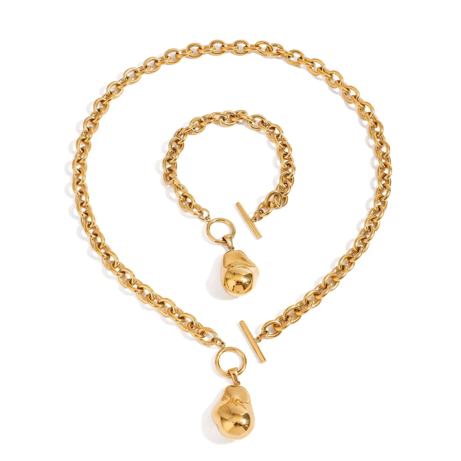 Waterproof 18K Gold Plated Gift for Women Gold Titanium Stainless Steel O-shaped Hollow Necklace Bracelet