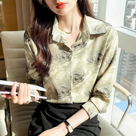 New Korean Version Retro Hong Kong Style Color Matching Floral Print Long Sleeve Casual Shirt 2273#