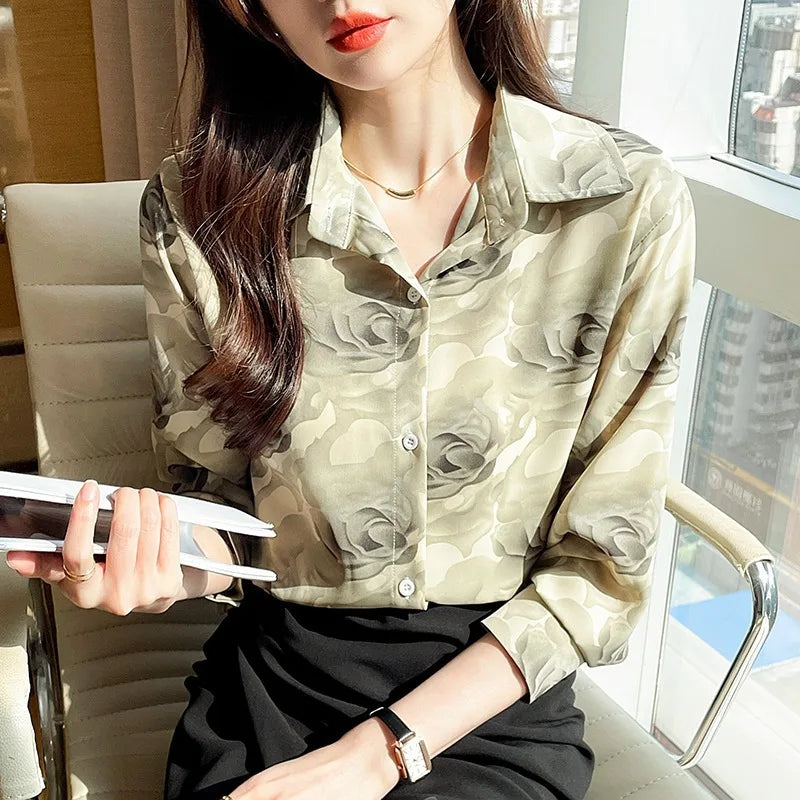 New Korean Version Retro Hong Kong Style Color Matching Floral Print Long Sleeve Casual Shirt 2273#