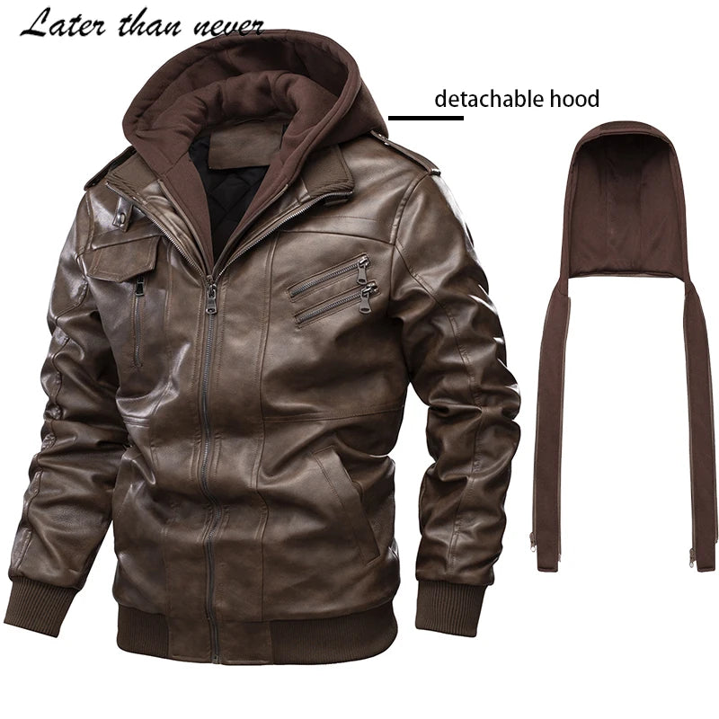 RTS USA Men's Winter Bike Jacket with Detachable Sweat Hood Lined Cotton Padding and Polish Leather Motorcycle PU Jacket