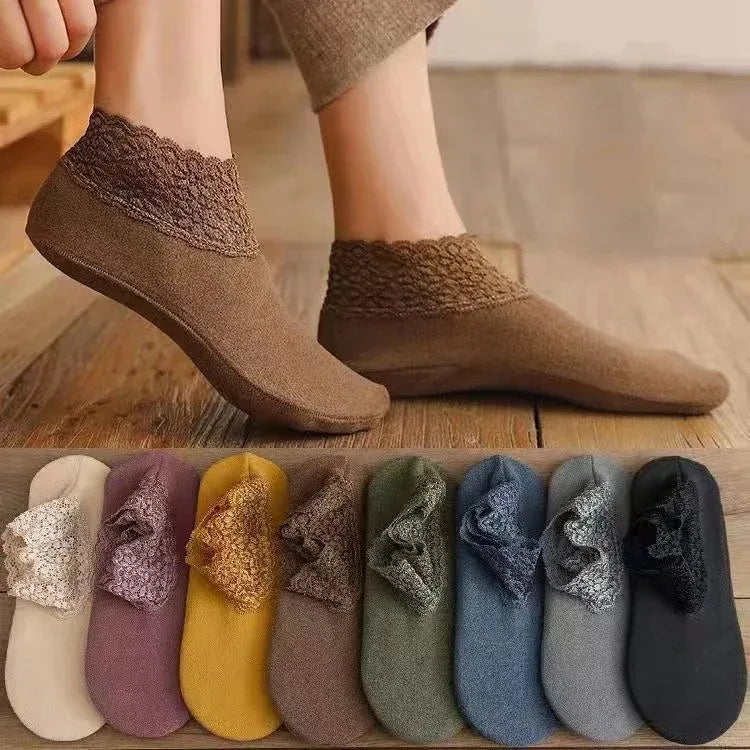 3Pairs/set Household Women Lace Boat Socks Solid Color Ankle Socks No-slip Floor Socks Custom Breathable Knitted Tube