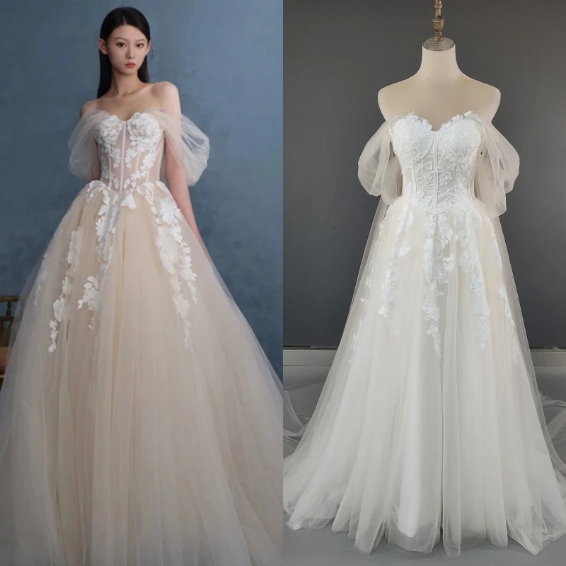 2243# Real Photos Off Shoulder Appliques Lace A-Line Wedding Dress Bridal Gown for Women With Low Back Sweep Train