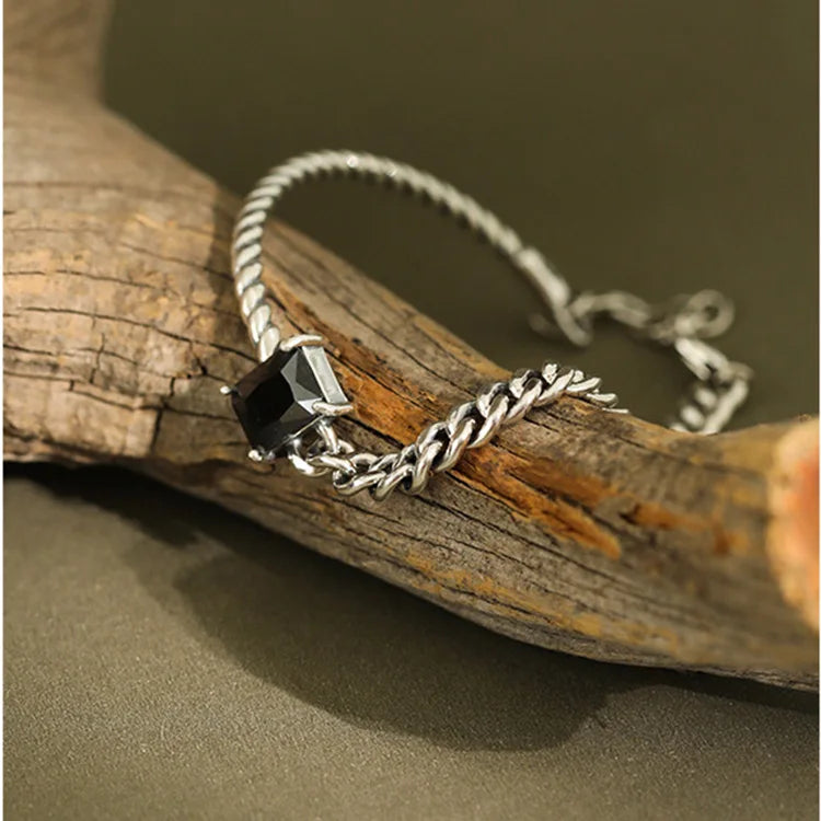 WMAS195 Women's Jet Black Square Design Curb Chain Bracelet  Real Solid 925 Sterling Silver Curb Twist Bracelet for Women Girls