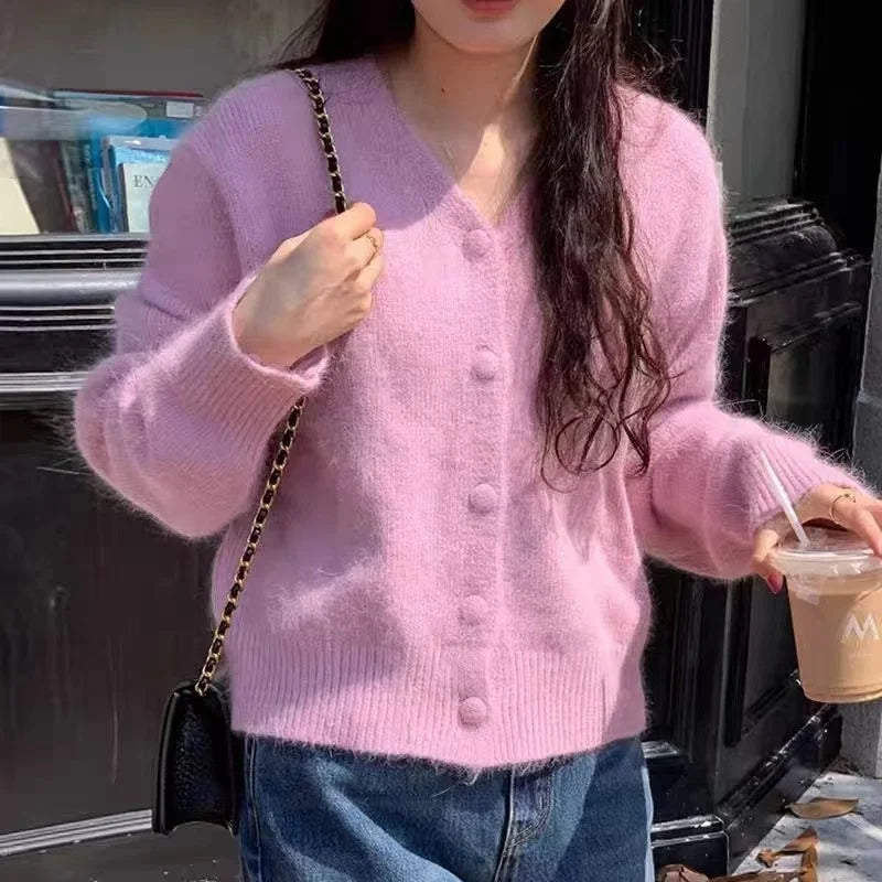 Cis Cardigan for Women Soft Glutinous Pure Color v Neck Slouchy Knit Cardigan Loose Single Breasted Long Sleeve Jacket