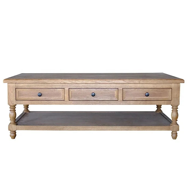 Solid Wood Three Drawer Coffee Table with Natural Style Handcrafted Wooden Furniture