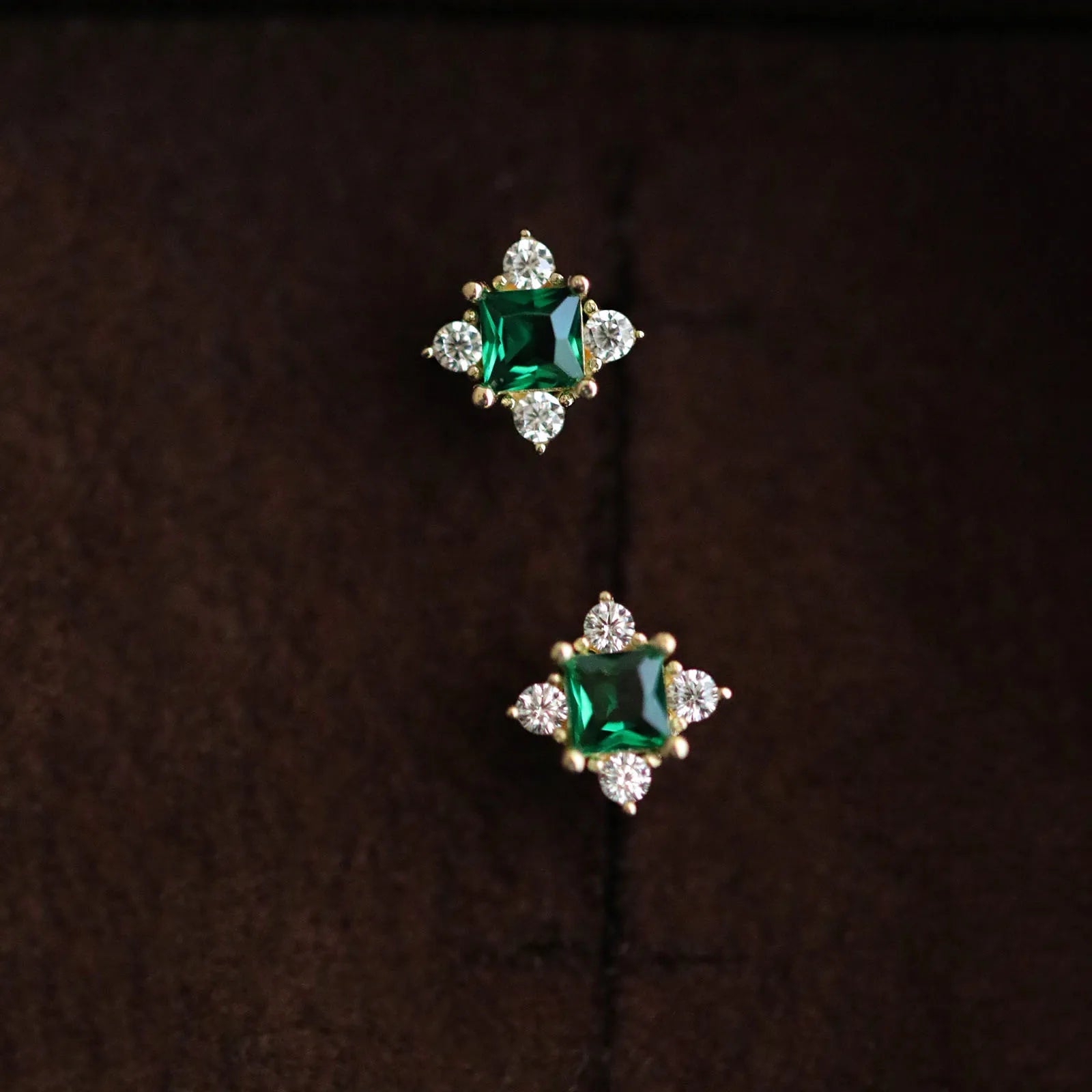 Luxury Vintage 14K Gold Plated Pure 925 Sterling Silver Square Green Zircon Stud Earrings for Women Girls Gifts