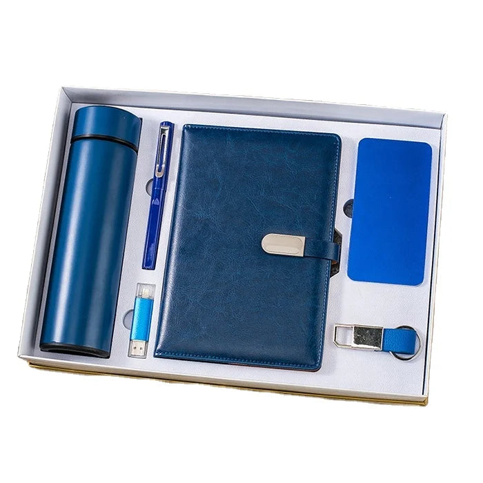 Corporate Gifts 6 in 1 Custom Logo Leather Cover Notebook Diary With Pen and Box and Usb Gift Set+Power Bank+Flask