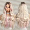 Manufacturer Synthetic Stripe Ombre Brown Mixed Pink Blond Long Wavy Wigs with Bangs UseHeat Resistant Fiber for Wholesale