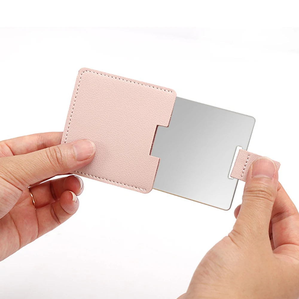 Solid Color Embossed Mini Portable Makeup Mirror Cute Square Design Single Side Stainless Steel Personalized PU Leather Cover