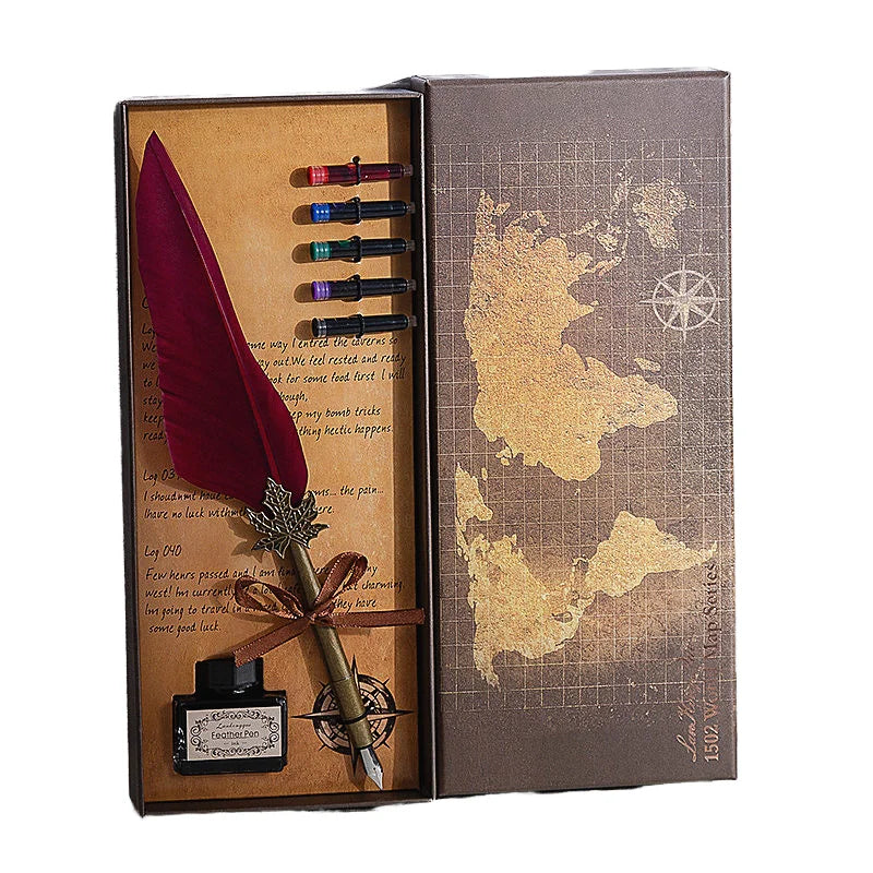 Retro Feather Fountain Pen With Custom Logo Metal Absorbing Ink Pen Promotional for Business Gift