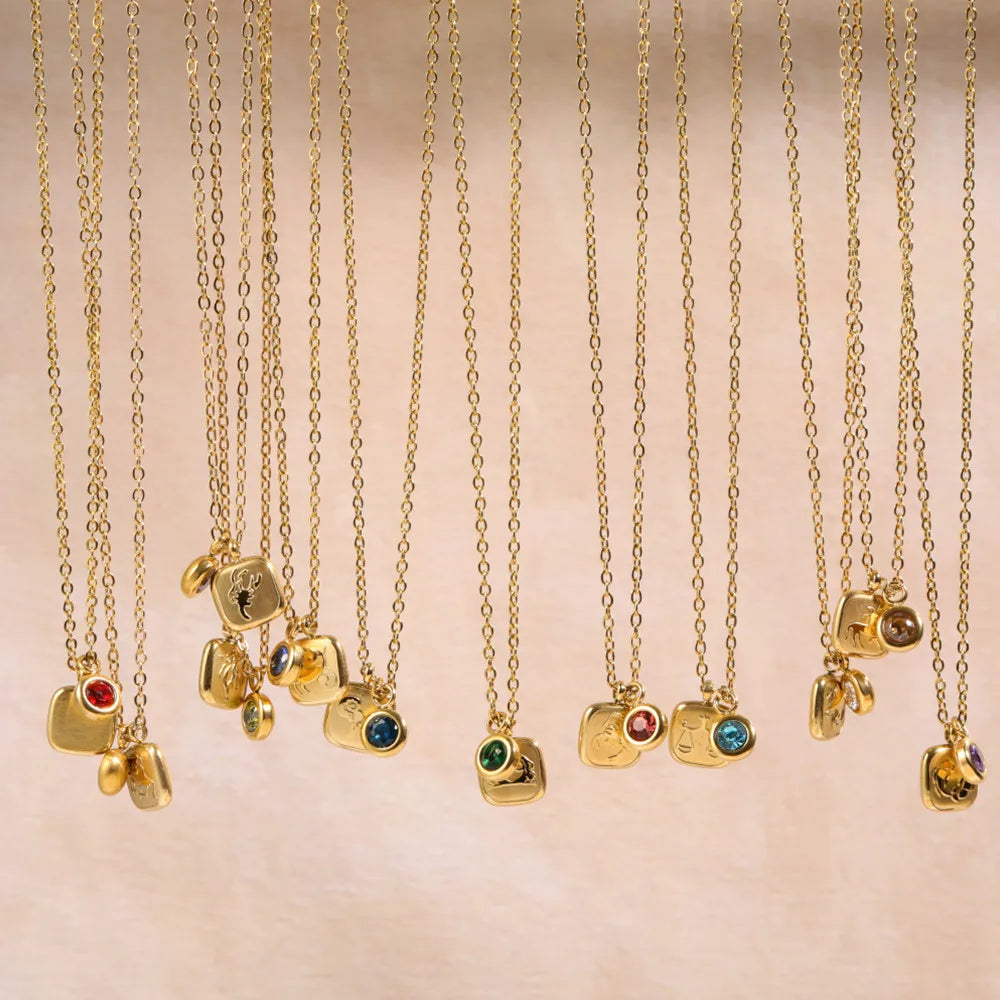 Stainless Steel Birthstone 12 Zodiac Pendant Necklace Gemstone Rhinestone Necklace