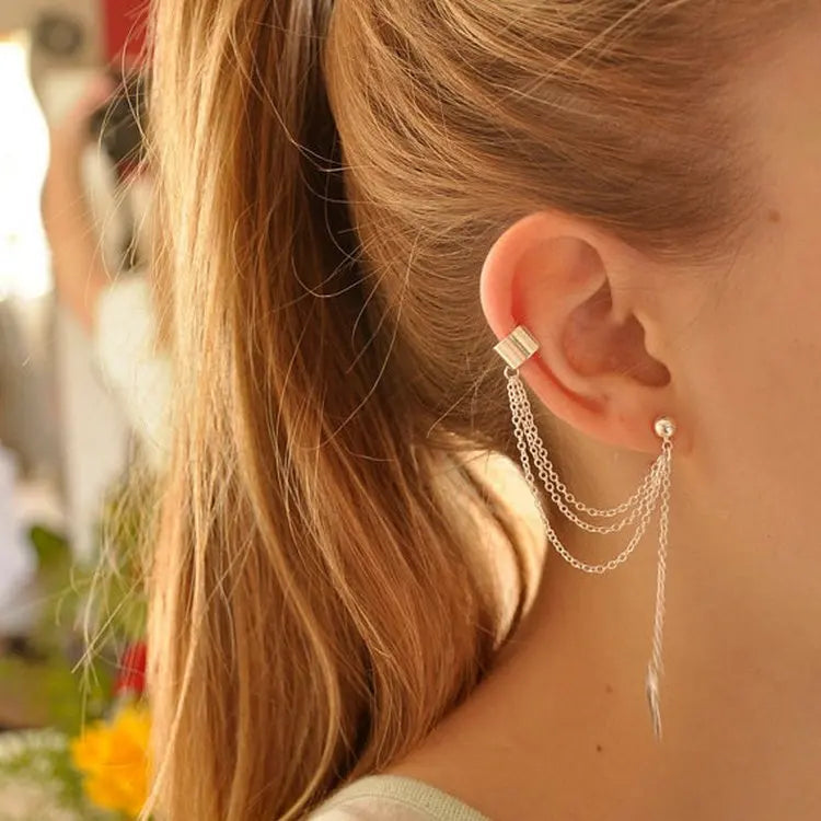 Hot Punk Mujer Girl Chain Tassel Leaf Clip Ear Cuff Earrings for Women Jewelry