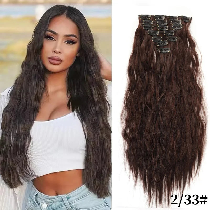 7pcs/pack 30inch Synthetic Clips in Hair Extensions Water Wave Hair Piece Party Daily Use Black Blonde Wig Piece