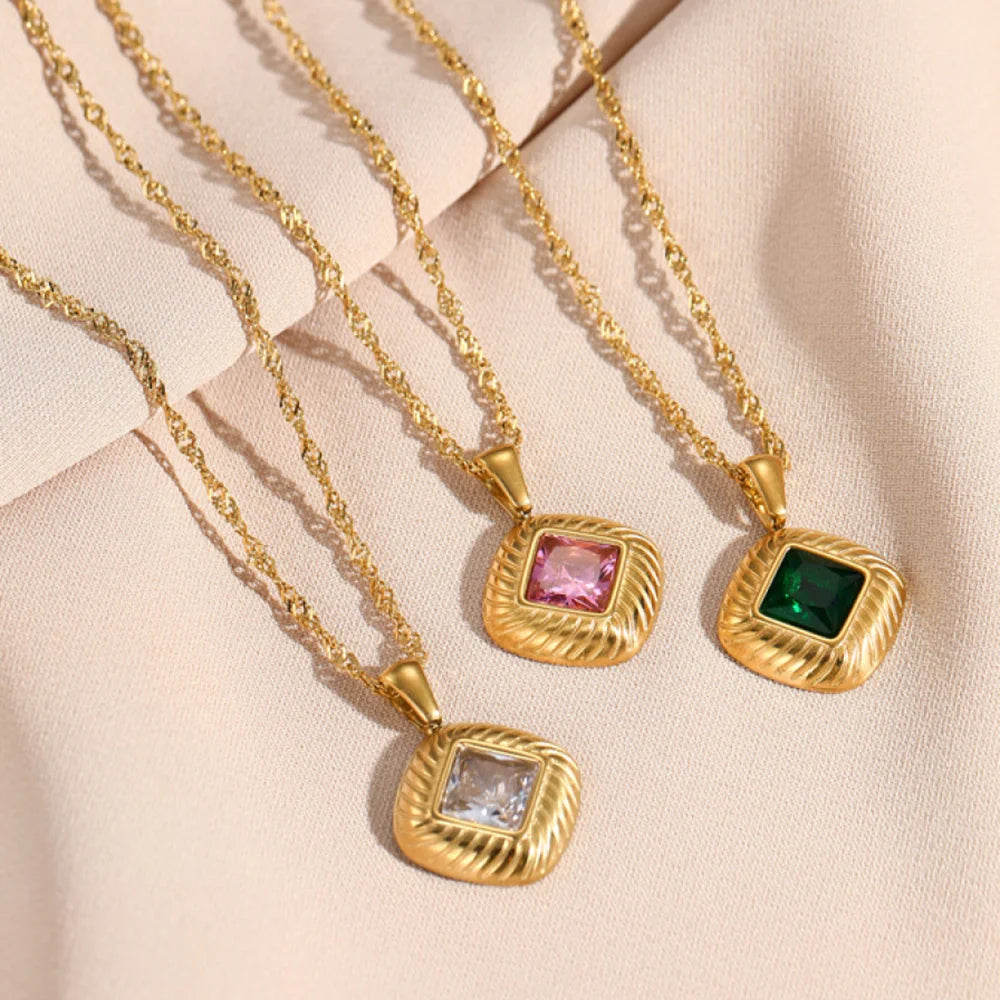 14k Gold Plated Square Thread with Pink Green White Zirconium Stainless Steel Necklace Women