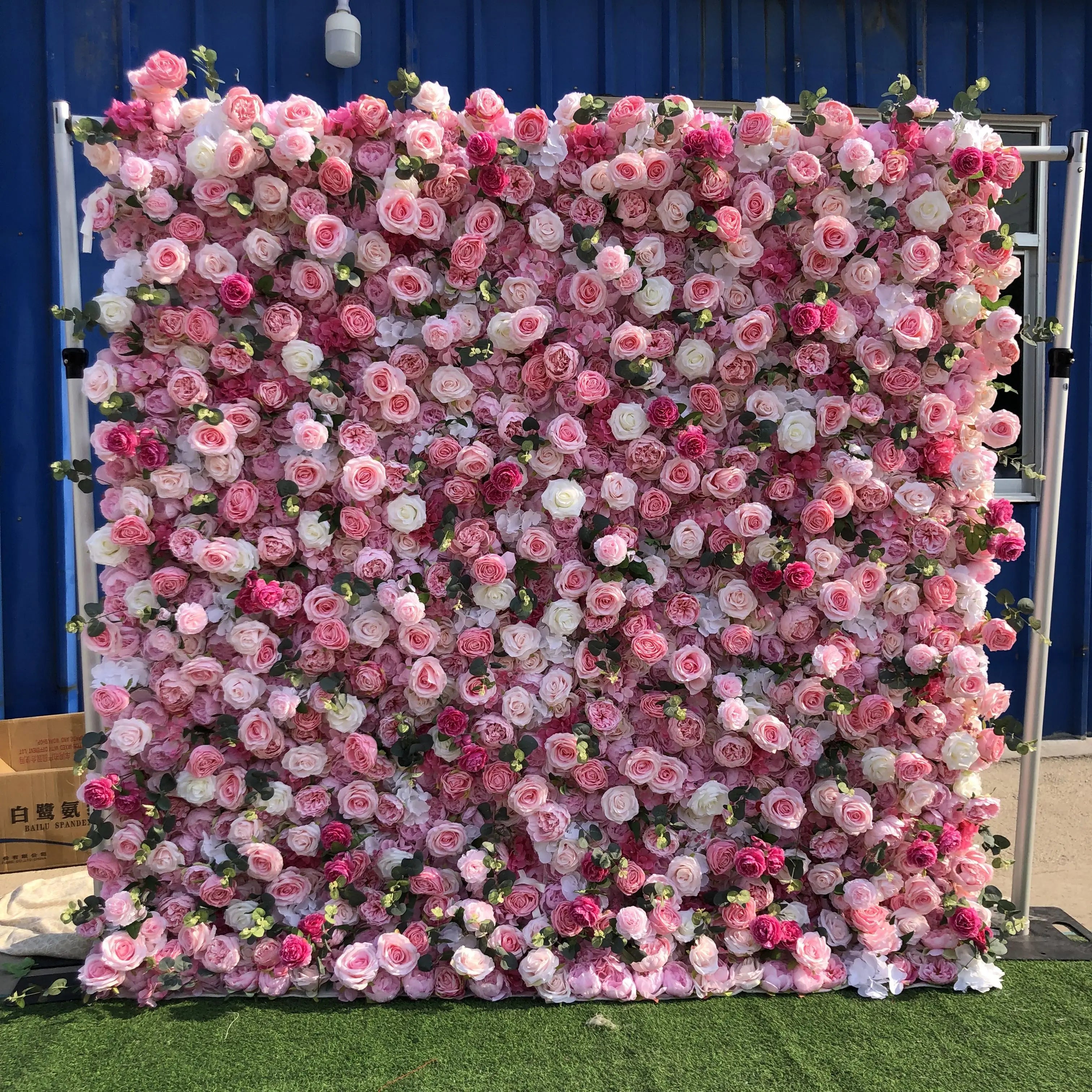 GJ-WA898 Oem Factory Artificial Silk Flower Wall Backdrop 8ft*8ft  Roll up Flower Wall pink Flower Wall Panel for Wedding Decor