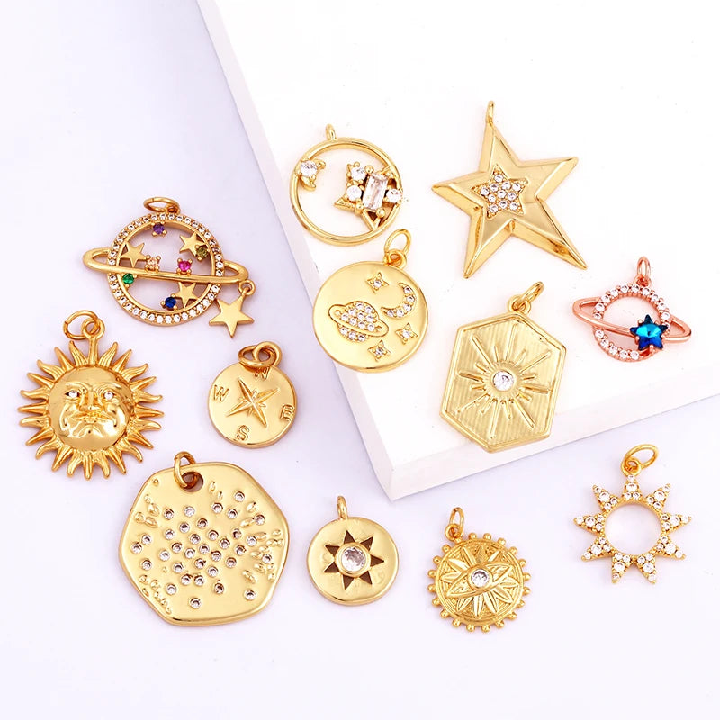 Sun Moon Star Space Celestial Compass Charm Pendant in Gold Colour  Jewelry Necklace Bracelet Making Supplies L93