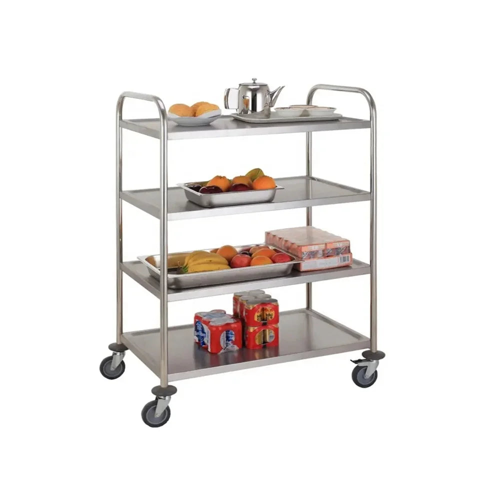 Hotel Selling Stainless Steel Kitchen Serving Trolley Cart Standard Round Tube 4 Tires Food Service Tray Trolley Cart