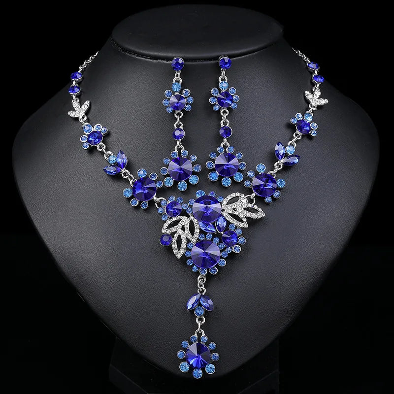Vintage Necklace Earrings Jewelry Set Rhinestone Leaf Flower Jewelry Set Bridal Jewelry Set