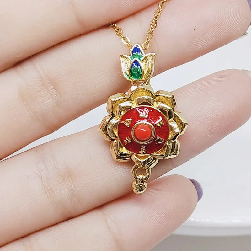 Tibetan Buddhist Rotatable Lotus Pendant Necklace for Women Men Six Word Mantra Prayer Necklaces Meditation Jewelry Gift