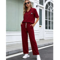 Women's Casual Summer High Waist Drawstring Pants Set Short Sleeve Top Womans Clothing 2 Piece Two Piece Set