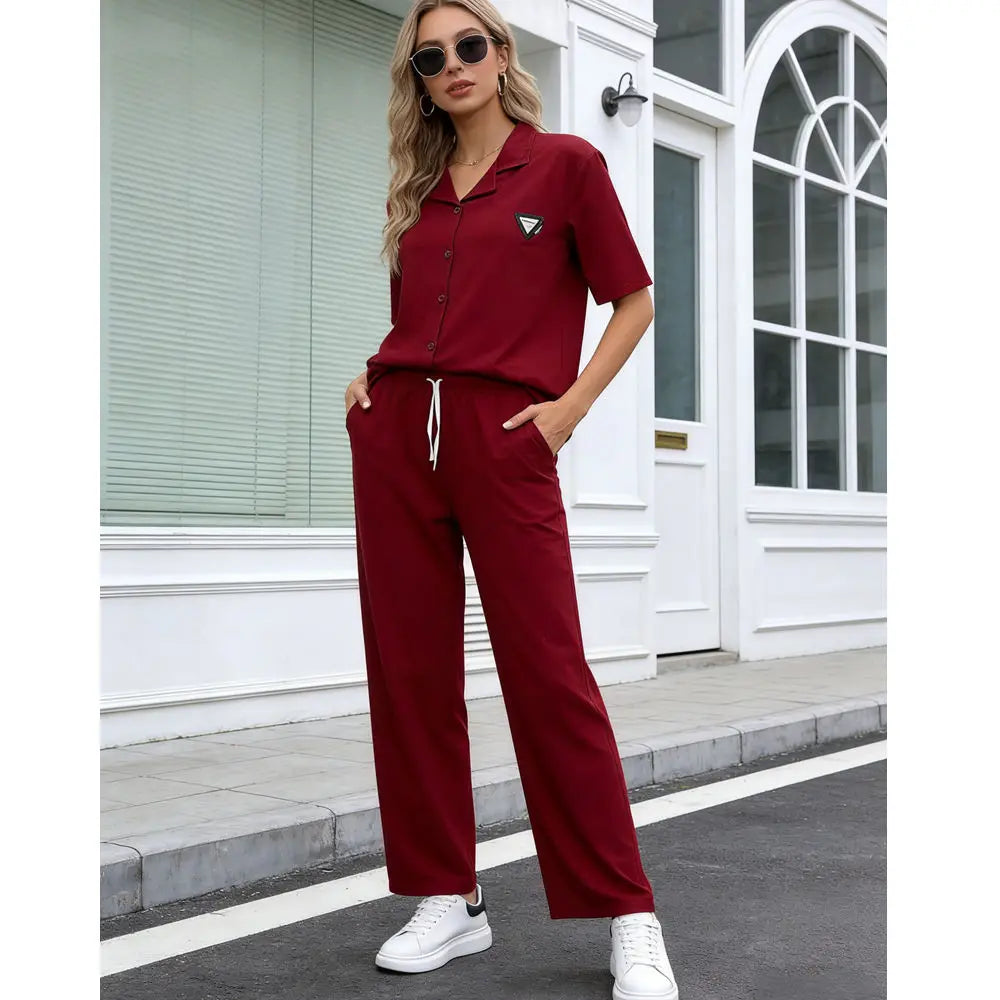 Women's Casual Summer High Waist Drawstring Pants Set Short Sleeve Top Womans Clothing 2 Piece Two Piece Set