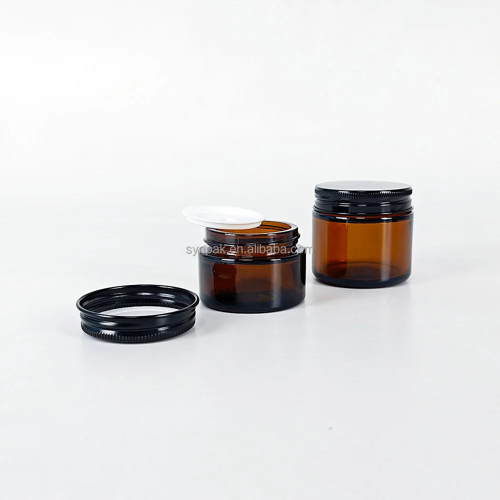 Custom 60ml Luxury Cream Jar Aluminum Screw Cap Empty Amber Glass Container Cosmetics Chemical Packaging Cylinder Shape Synpak