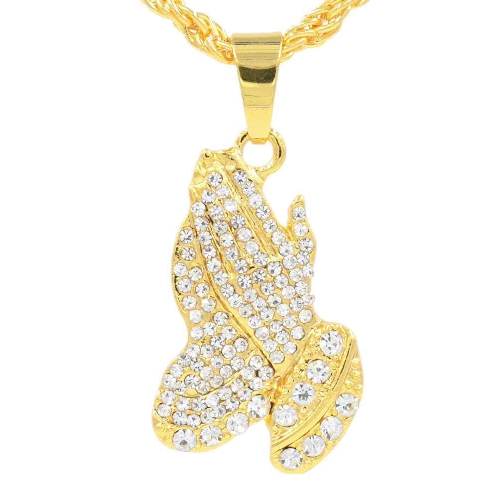 Boho Brass Alloy Rhinestone Beads Diamond Paving Hip Hop Geometric Papplause Handclap Payer Hand Charm Chain for Man Jewelry