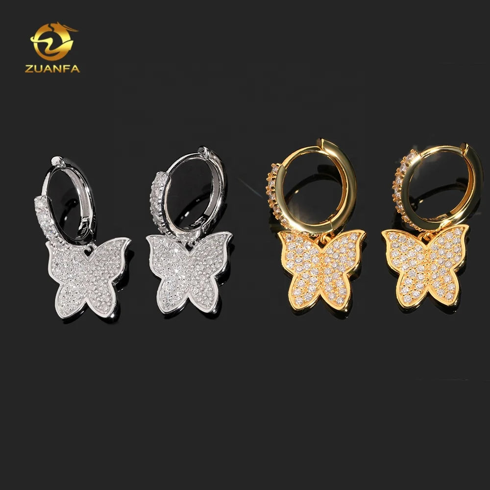 New Arrival Fashion Butterfly Charm Drop Earring VVS Moissanite Diamond 925 Silver Hoop Earrings