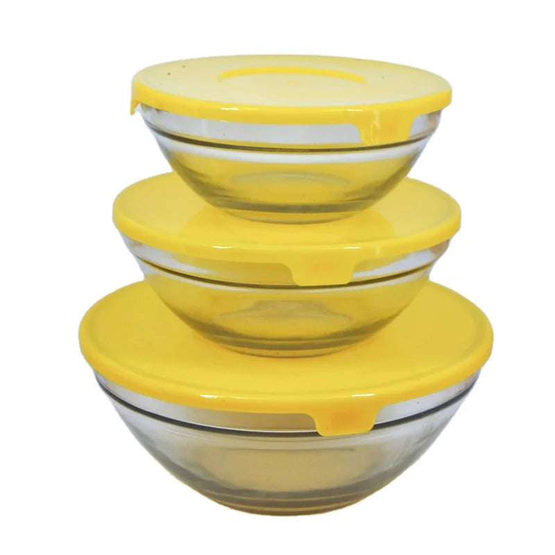 Free Sample Wholesale 5pcs Glass Mixing Bowl Set Dinnerware Sets Fruit Salad Food Containers Serving Bowls with Plastic Lids
