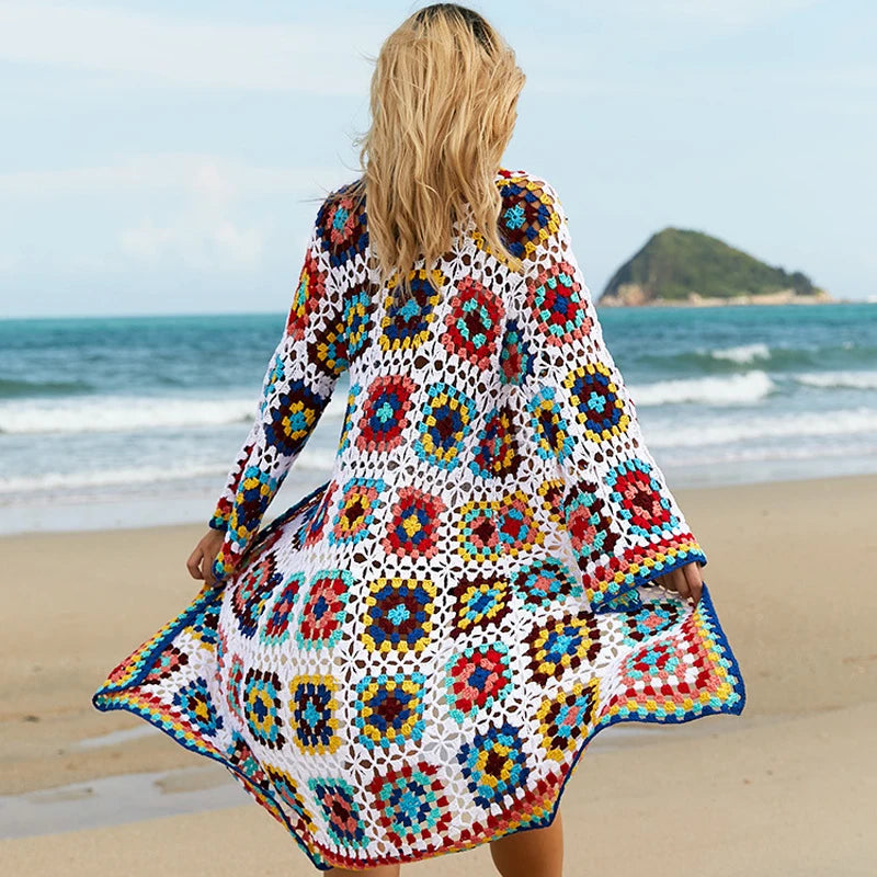 Winter Boho Cardigan Hand Knitted Hippie Clothing Rainbow Granny Square Crochet Afghan Jacket Coat Long Patchwork Design