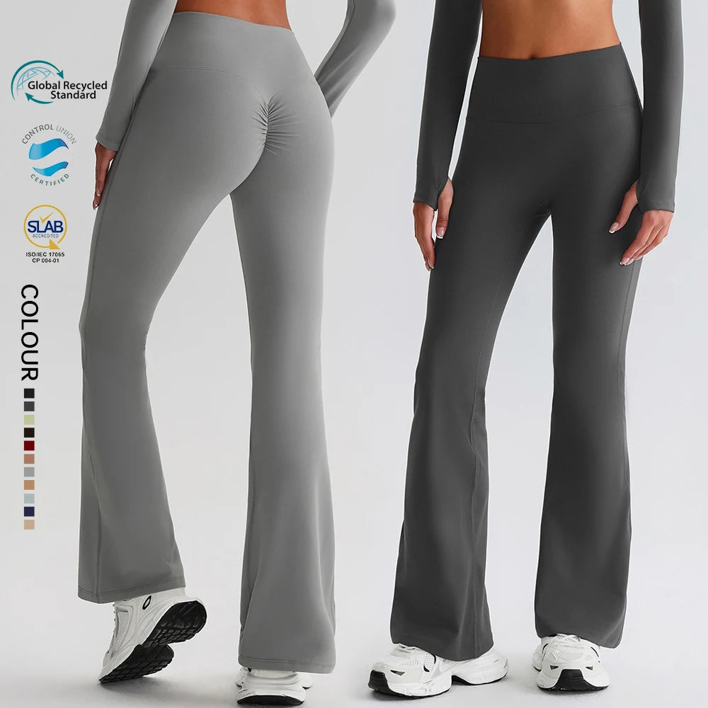 SHINBENE 32" Recycled Polyester Women No Camel Toe Gym Flare Leggings Sustainable Workout Yoga Scrunch Flare Pants