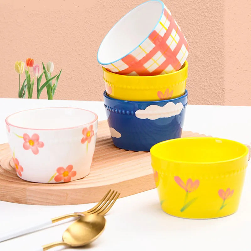 Ins Hand Painted Tulip Flowers Ceramic Salad Bowl Korea Breakfast Rice Bowl