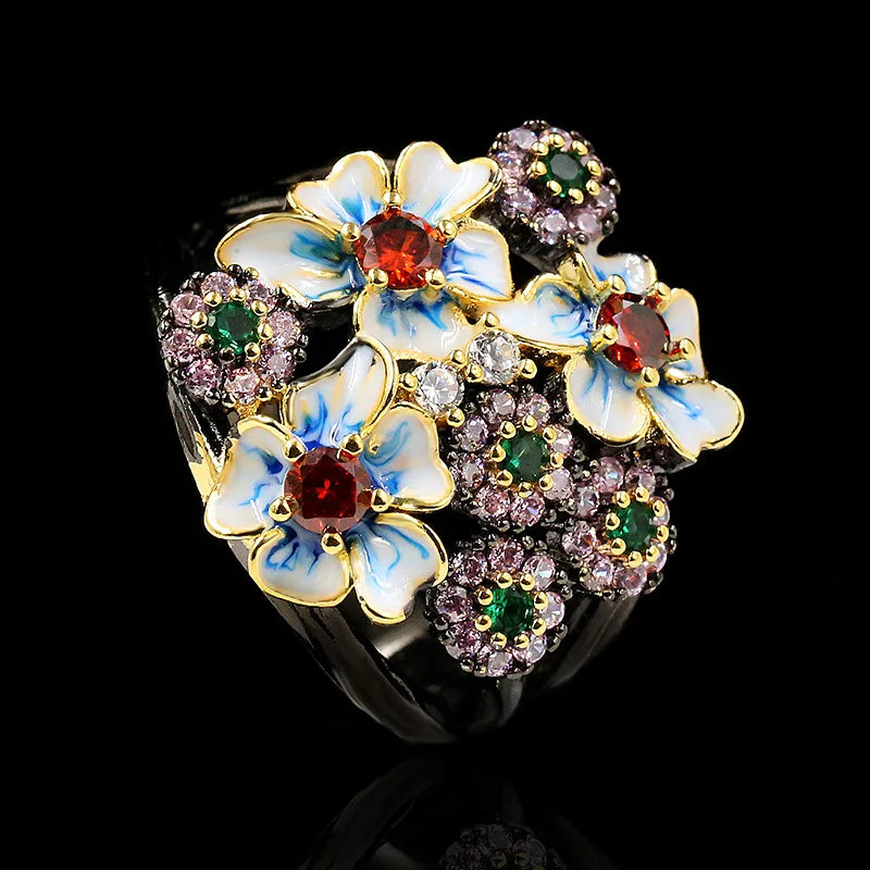 European and American Cross-border Wish Fashion Colorful Zircon Flower Gold Jewelry Ring