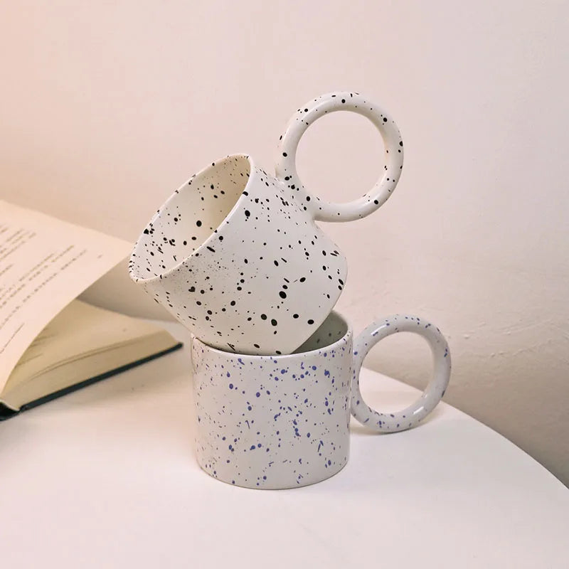 Korean Ins Big Round Handle Splash Ink Ceramic Mug Breakfast Coffee Cup