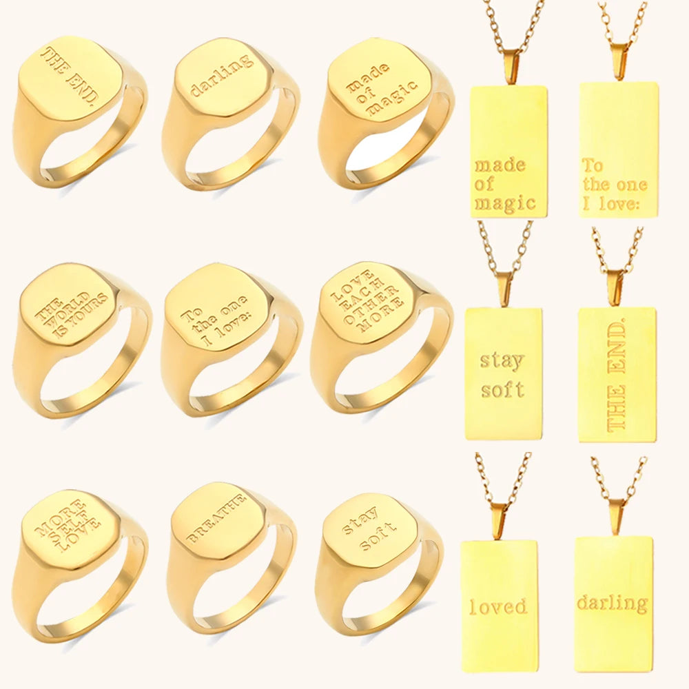 Dingran Customisable Jewelry Engraved Letter Rings Necklaces Gold Plated Stainless Steel Jewelry Set Ensemble Bijoux En Acier in