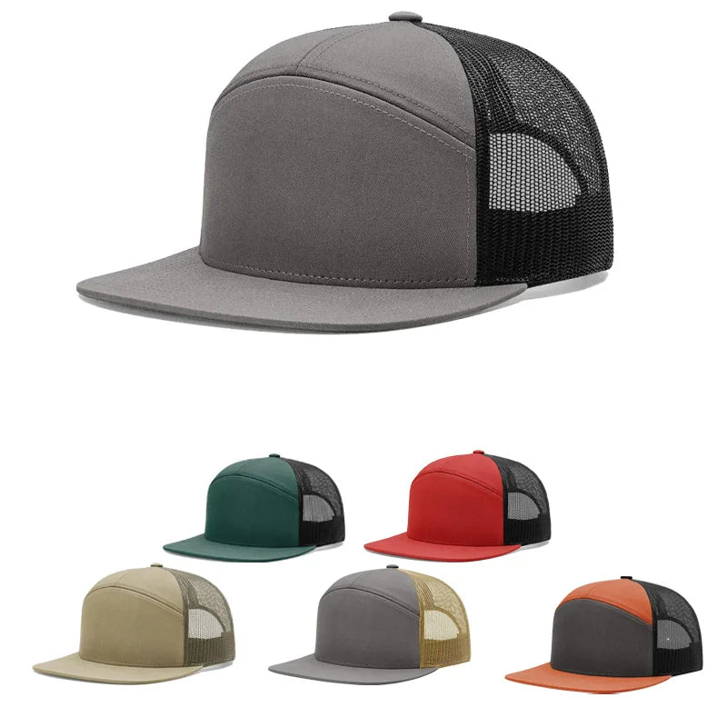 Custom 7 Panel Flat Brim Waterproof Sporty Vintage Custom Logo Trucker Hat with Fruit Pattern Mesh Baseball Cap