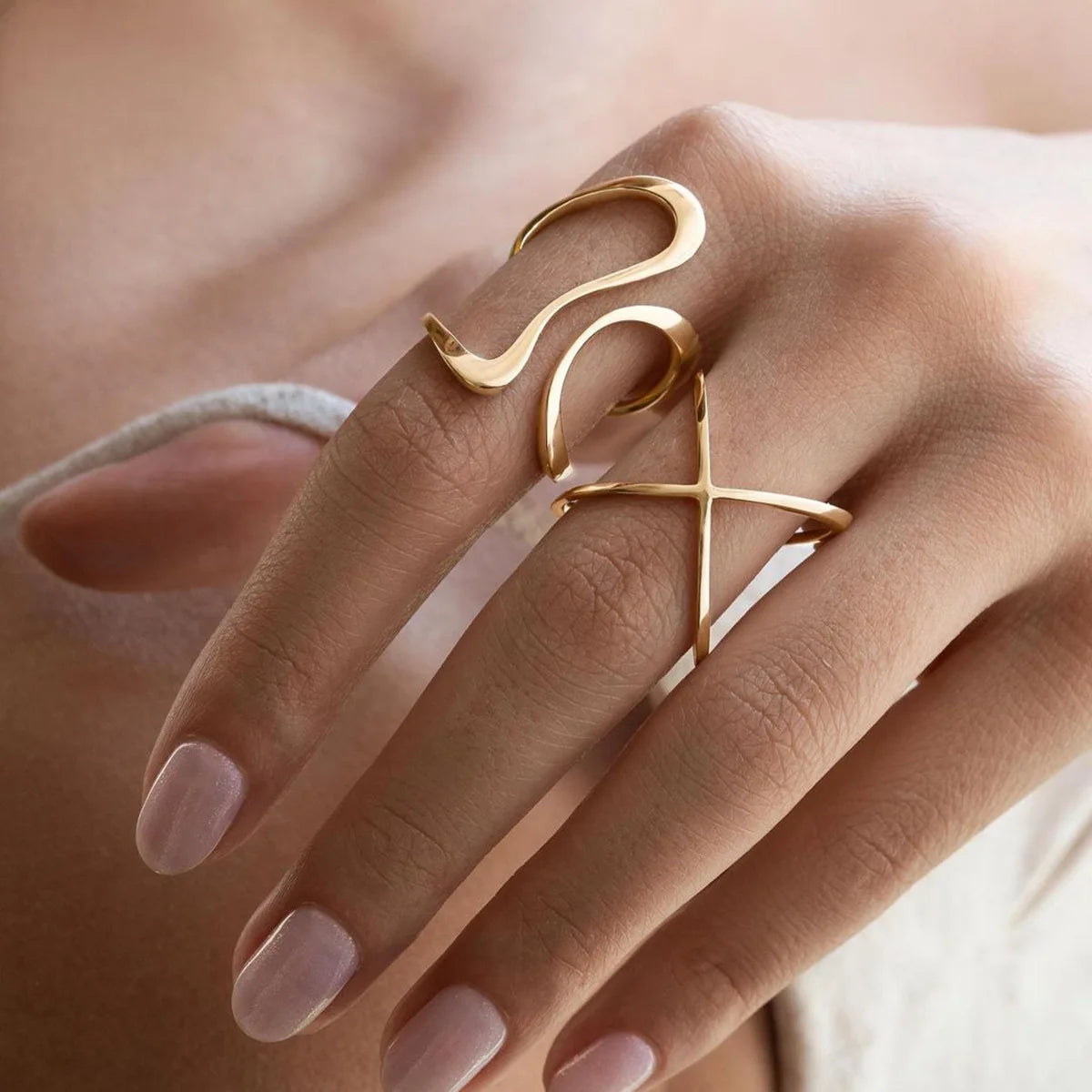 18k Gold Plated Stainless Steel Minimalist Jewelry Delicate Gypsy Lines Unique Irregular Dancer Ring