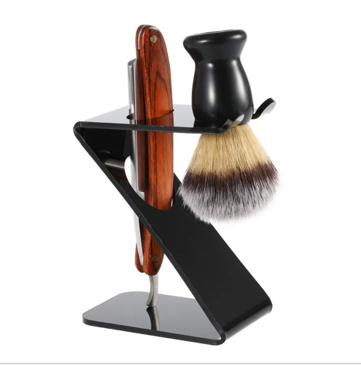 Mens Gift Shaving Razor and Brush Set Black Acrylic Shaving Brush & Straight Razor Stand Holder
