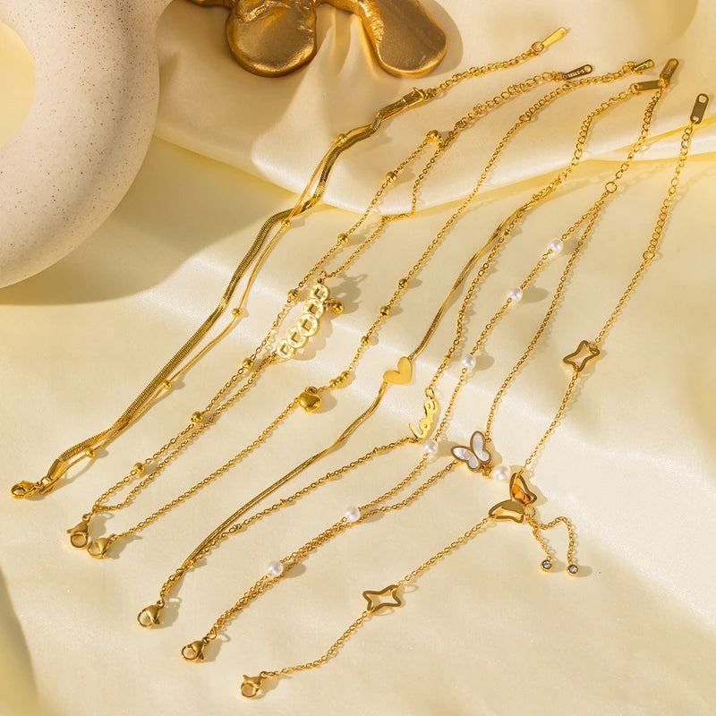 G3950 Wholesale Stainless Steel Chain Anklets 18k Gold Plated Sample Heart butterfly Foot Chains Anklet for Women Jewelry